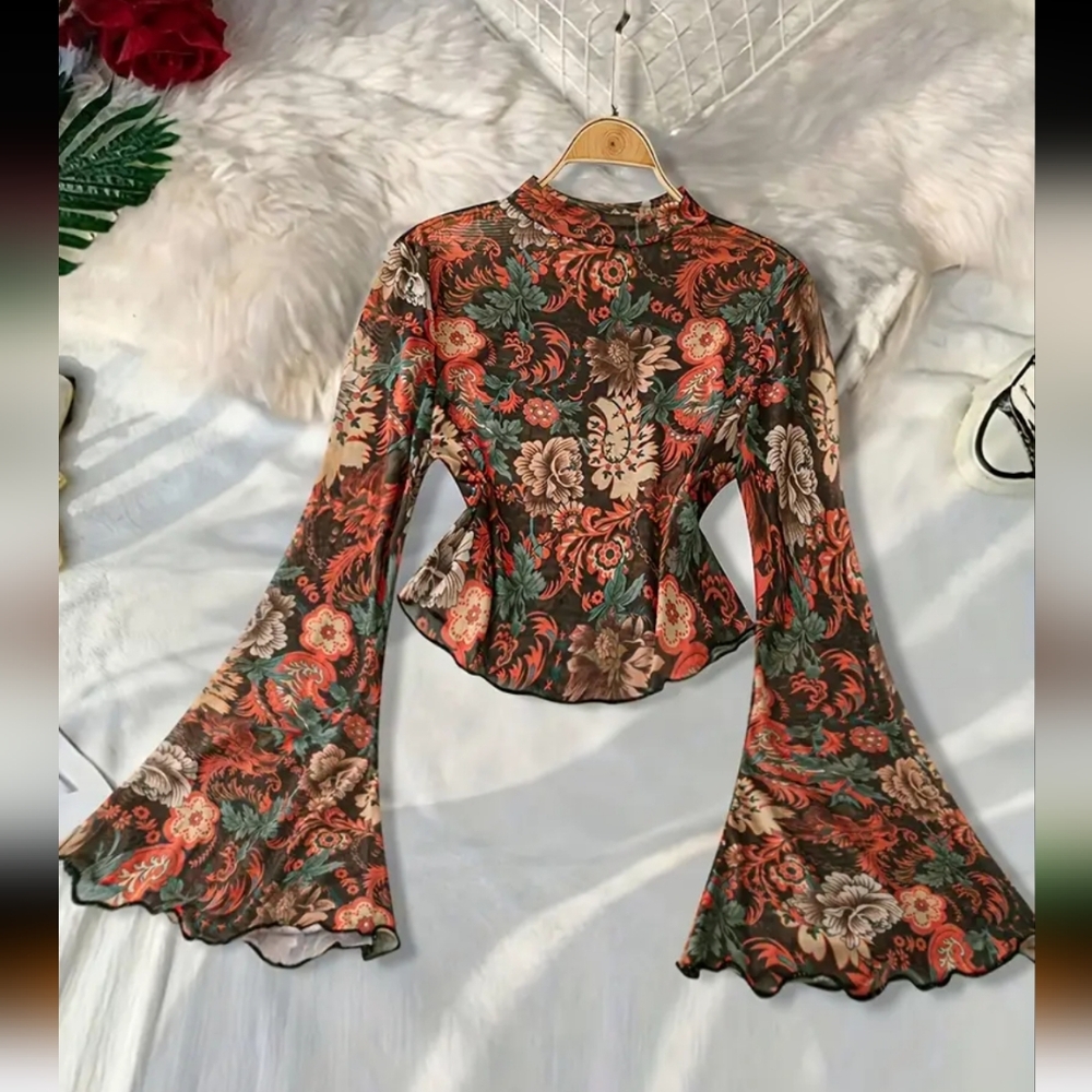 Floral Bell Sleeve Top - Multicolor